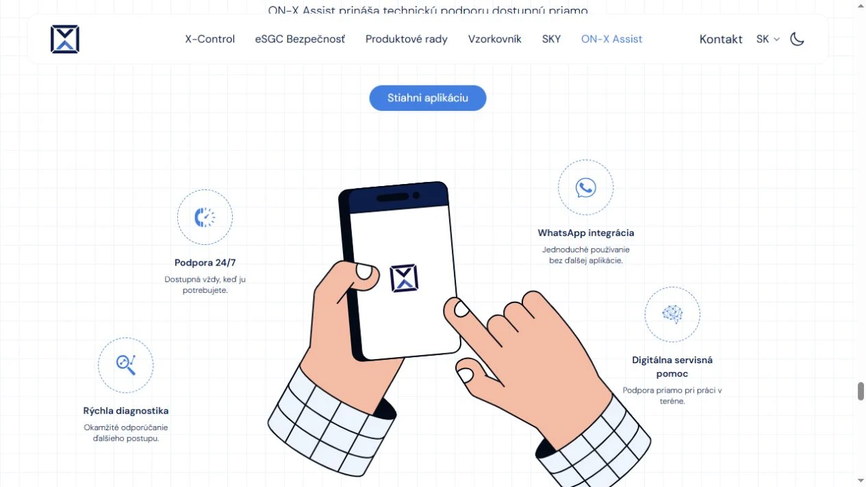 Sekcia ON-X Assist s ilustráciou telefónu a ikonami s modrými akcentmi